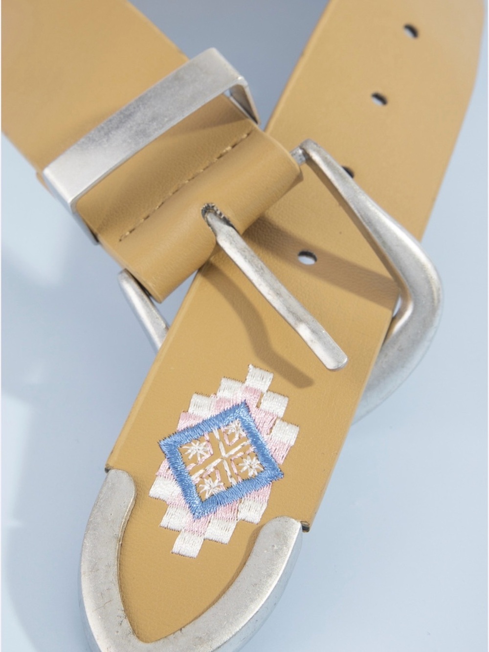 NWT Tan Embroidered Geometric Leather Belt with Silver Buckle